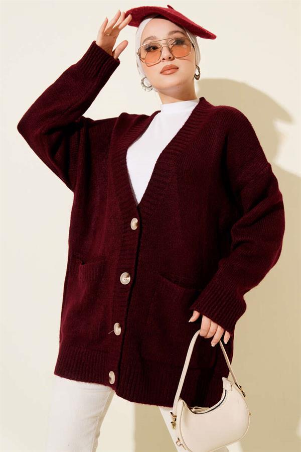 Double Pocket Buttoned Knit Cardigan, Burgundy