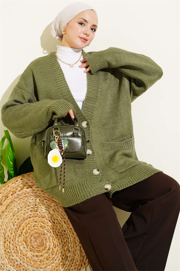 Double Pocket Buttoned Knit Cardigan, Light Green