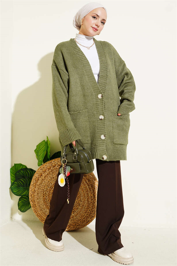 Double Pocket Buttoned Knit Cardigan, Light Green