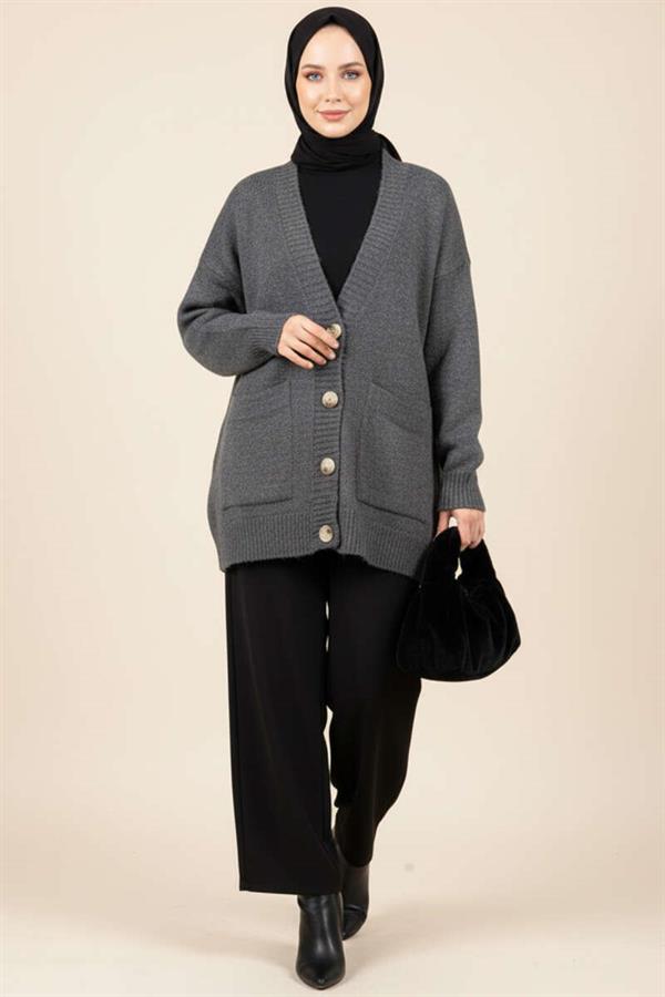 Double Pocket Buttoned Knit Cardigan, Dark Gray