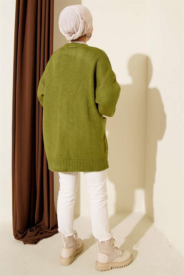Double Pocket Buttoned Knit Cardigan Olive Green