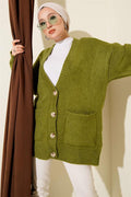 Double Pocket Buttoned Knit Cardigan Olive Green