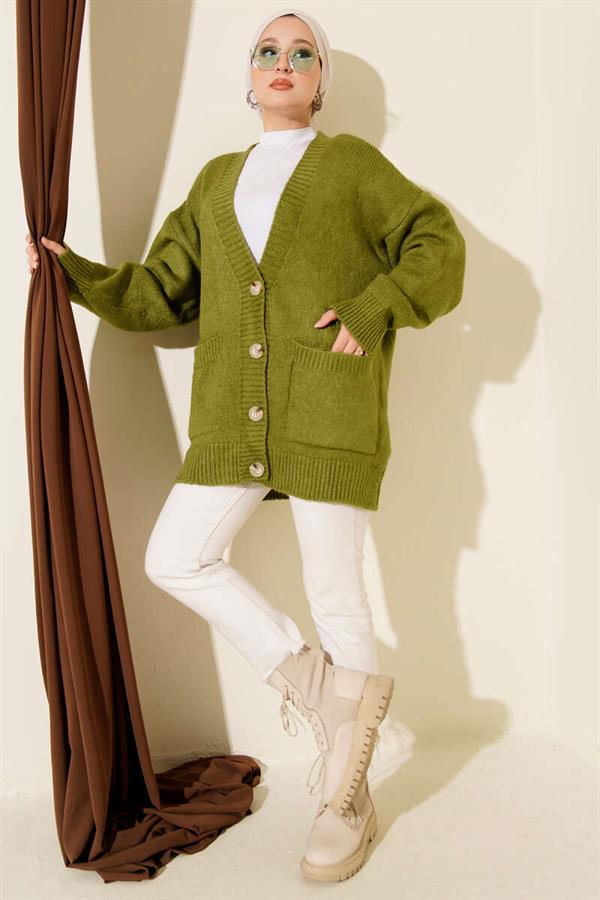 Double Pocket Buttoned Knit Cardigan Olive Green