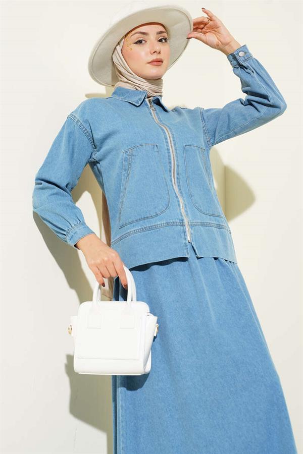 Double Pocket Zippered Skirt Denim Suit Light Blue