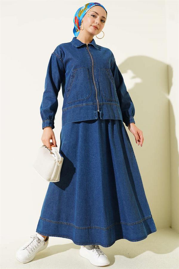 Double Pocket Zippered Skirt Denim Suit Blue