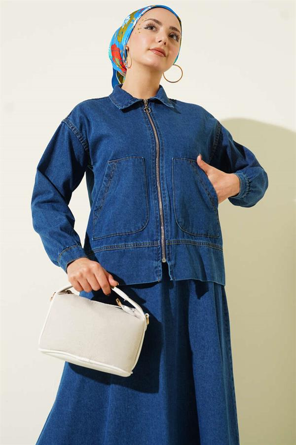 Double Pocket Zippered Skirt Denim Suit Blue