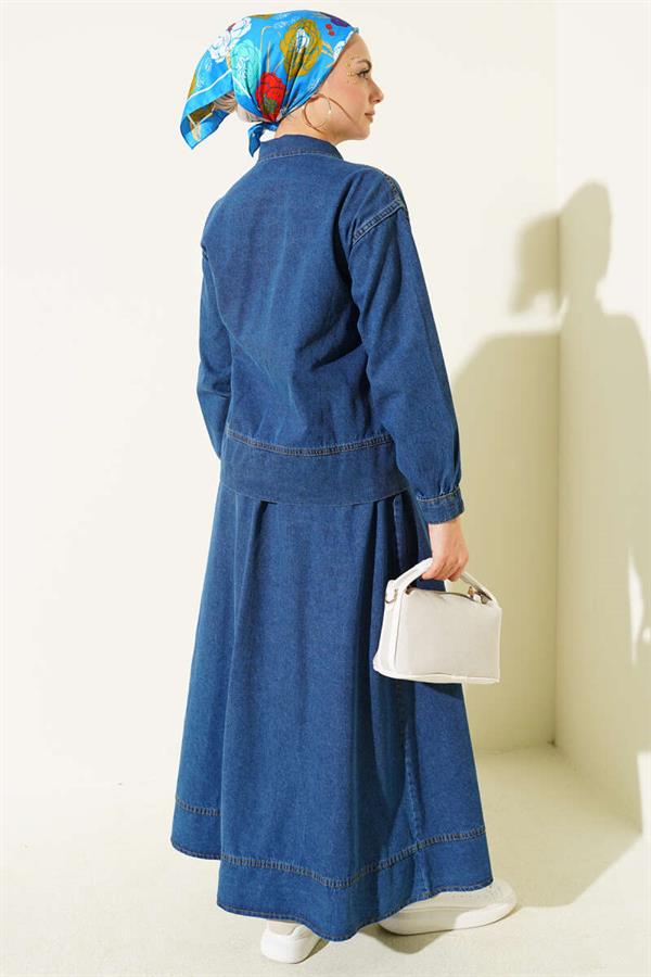 Double Pocket Zippered Skirt Denim Suit Blue