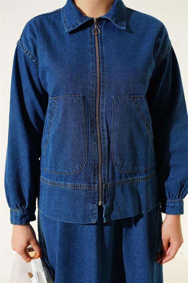 Double Pocket Zippered Skirt Denim Suit Blue