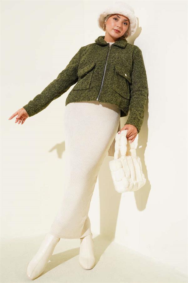 Double Pocket Zippered Short Jacket Khaki