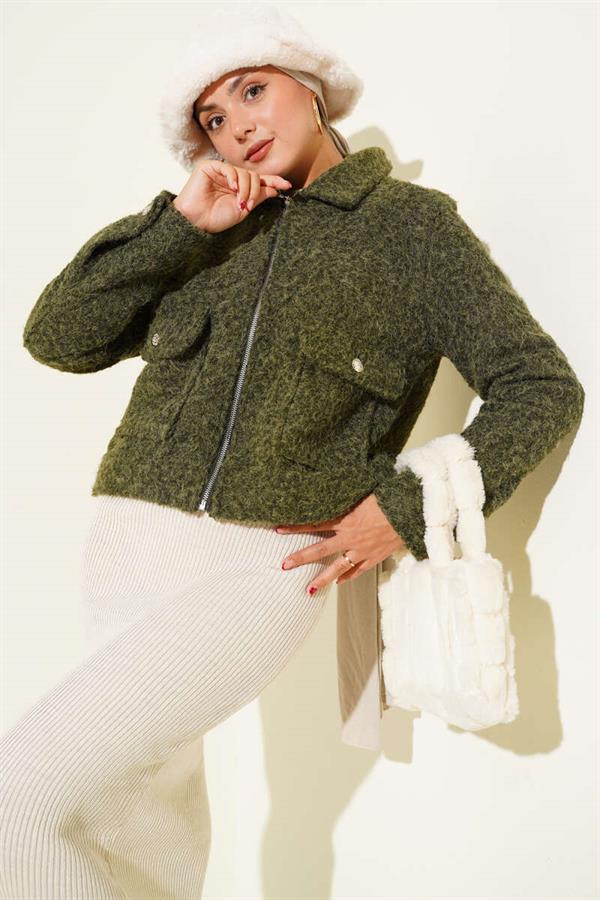 Double Pocket Zippered Short Jacket Khaki