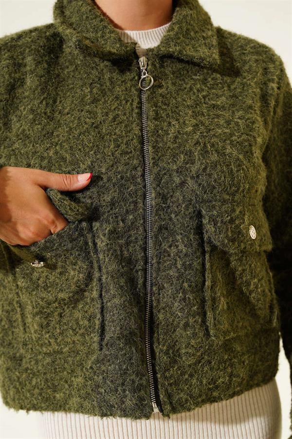 Double Pocket Zippered Short Jacket Khaki