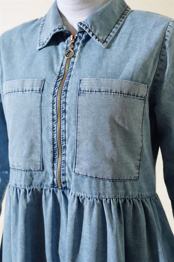 Double Pocket Zippered Denim Dress Denim Blue