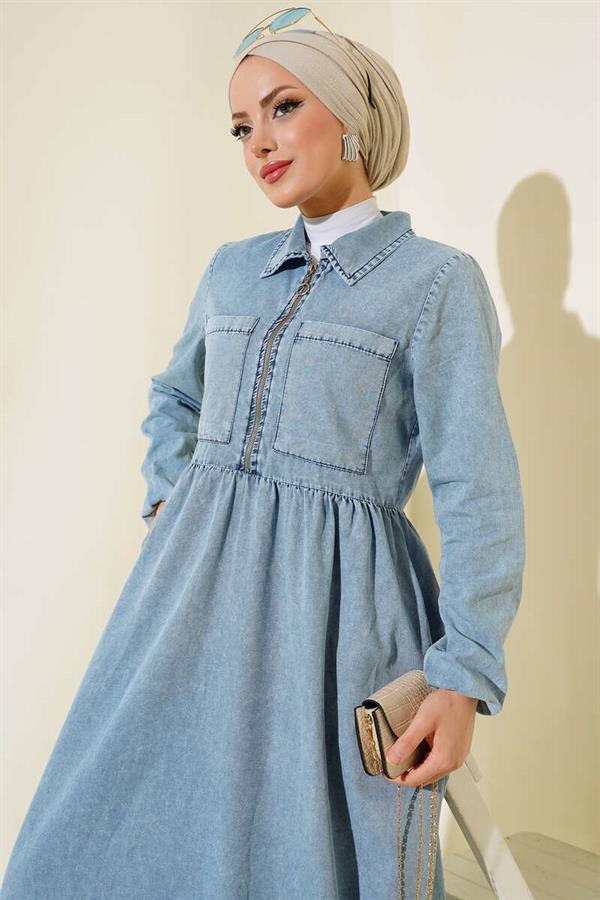 Double Pocket Zippered Denim Dress Denim Blue