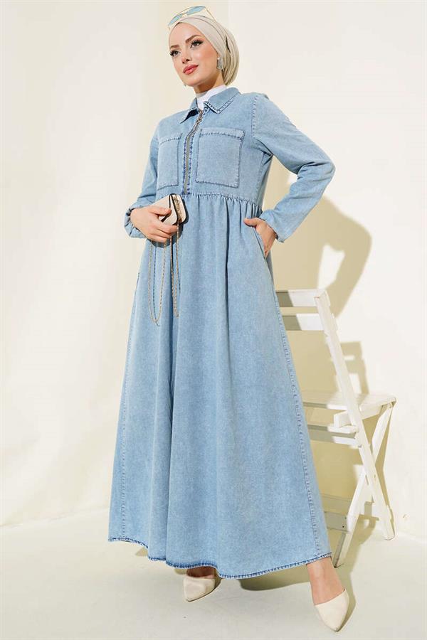 Double Pocket Zippered Denim Dress Denim Blue