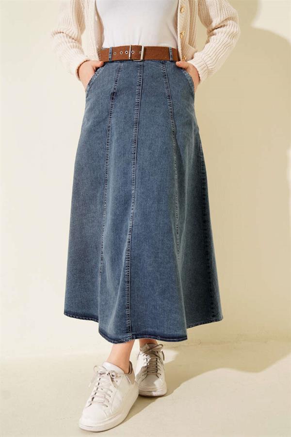 Double Pocket Flared Denim Skirt, Blue