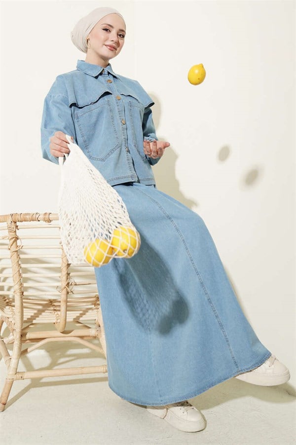 2 Piece Set: Denim Jacket and Skirt with Double Pockets, Light Blue