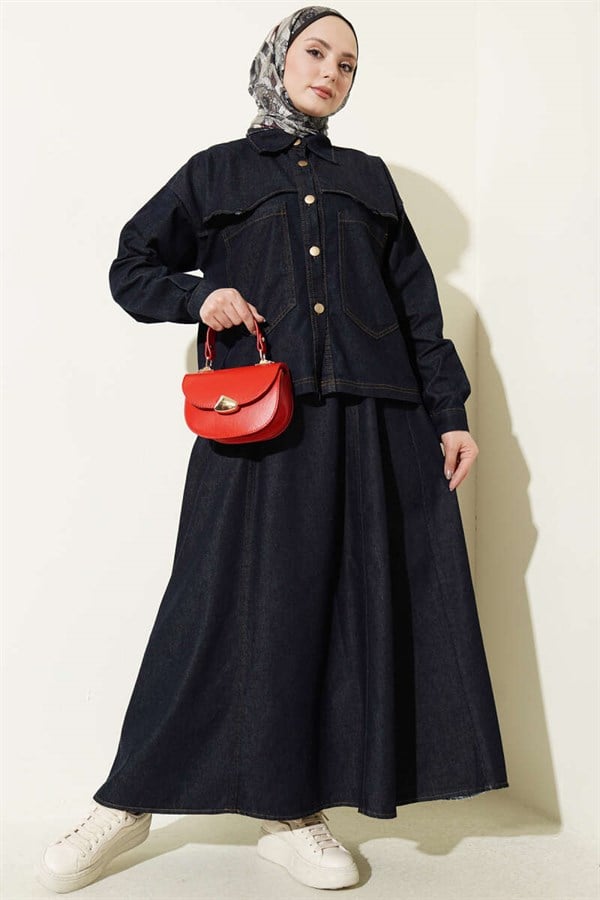 2 Piece Set: Navy Blue denim jacket and skirt with double pockets.