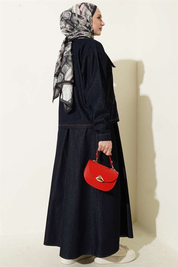 2 Piece Set: Navy Blue denim jacket and skirt with double pockets.