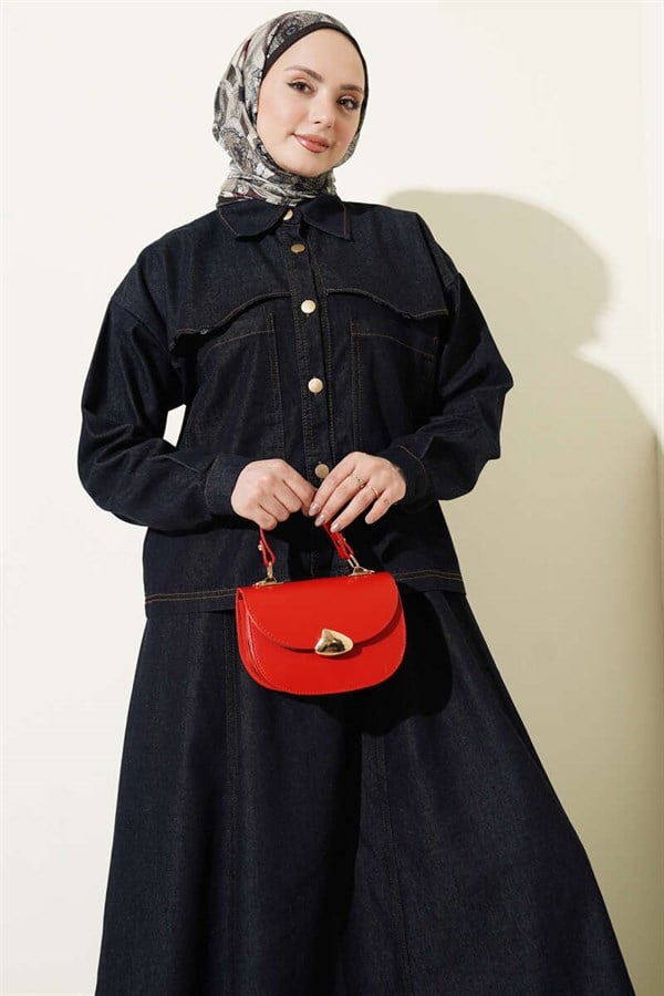 2 Piece Set: Navy Blue denim jacket and skirt with double pockets.