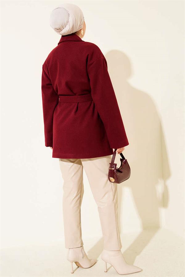 Double-Pocketed Double-Breasted Belted Short Coat Burgundy