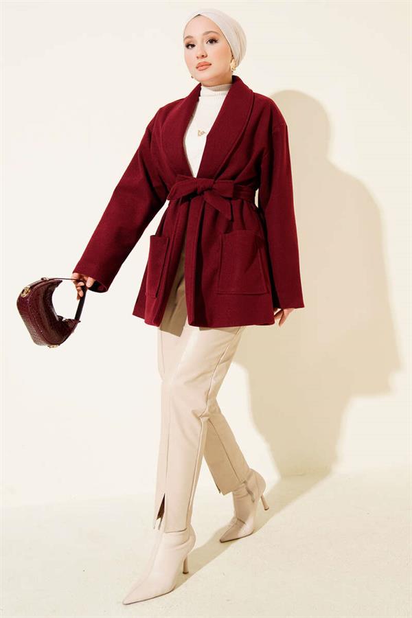Double-Pocketed Double-Breasted Belted Short Coat Burgundy