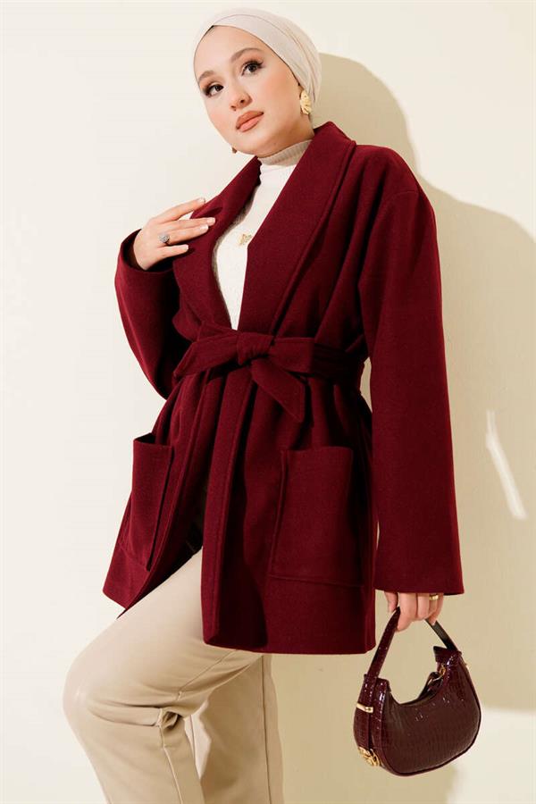 Double-Pocketed Double-Breasted Belted Short Coat Burgundy