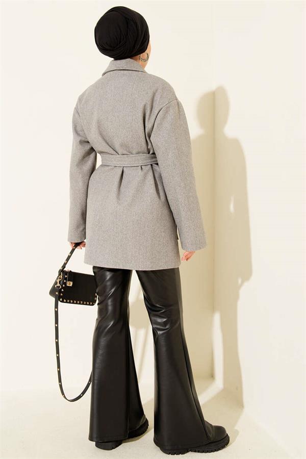 Double-Pocketed Double-Breasted Belted Short Coat in Gray