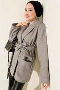 Double-Pocketed Double-Breasted Belted Short Coat in Gray