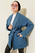 Double-Pocketed Double-Breasted Belted Short Coat Blue
