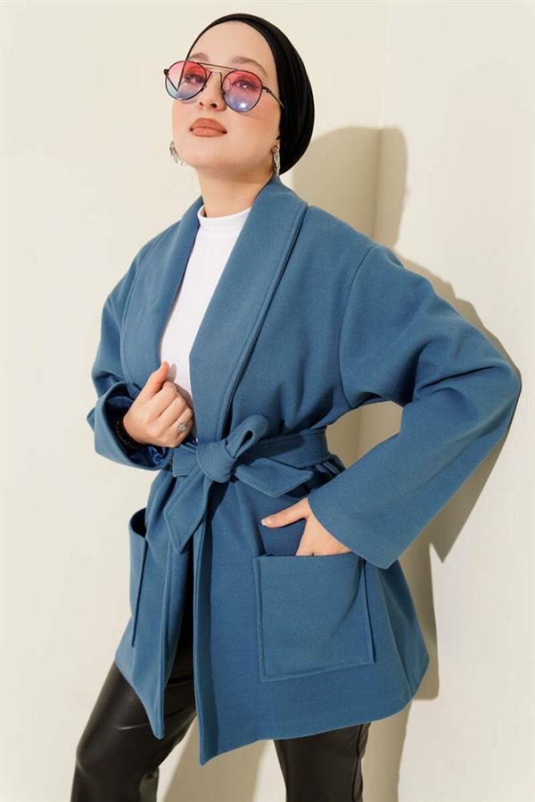 Double-Pocketed Double-Breasted Belted Short Coat Blue