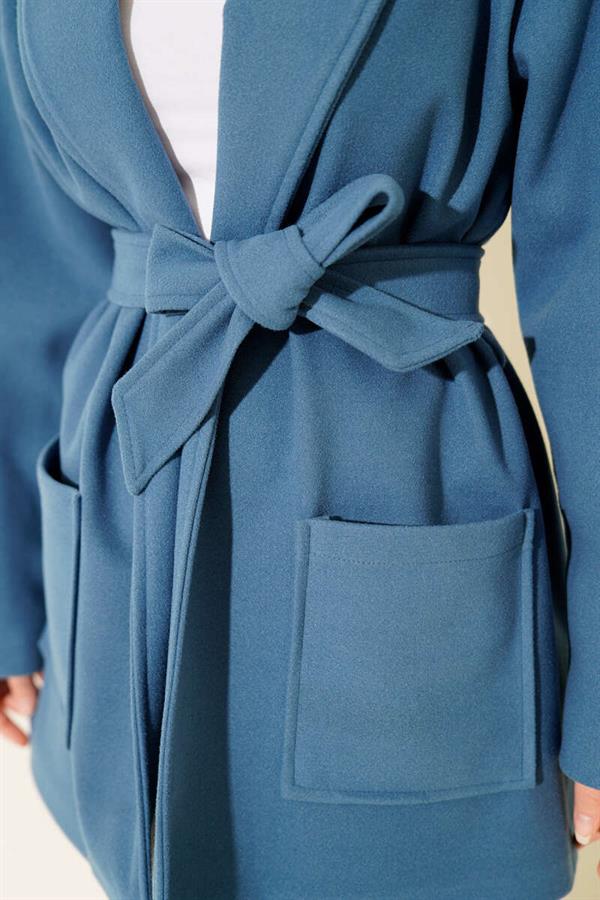 Double-Pocketed Double-Breasted Belted Short Coat Blue