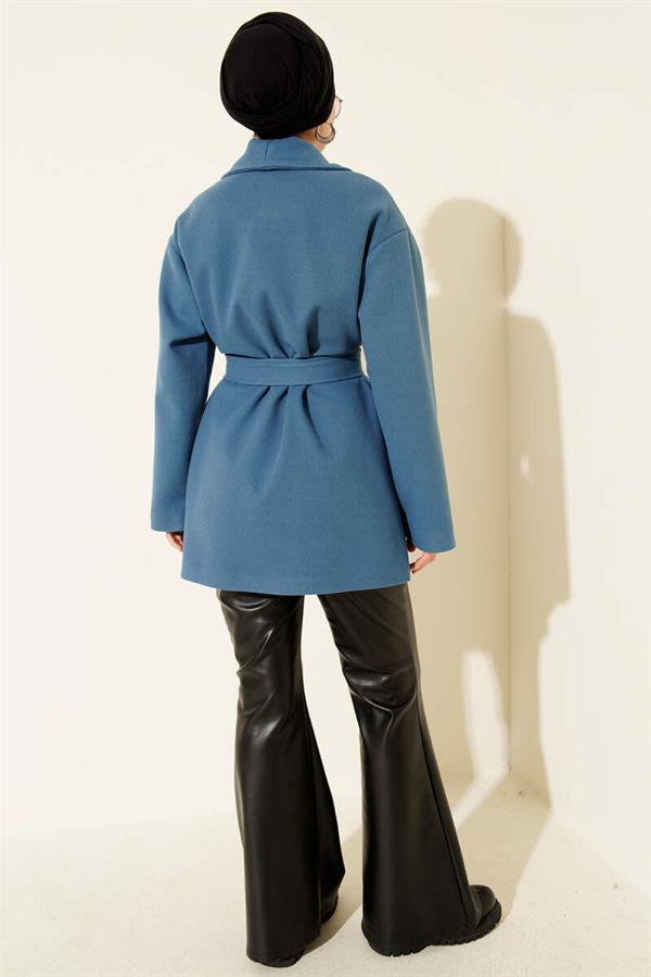 Double-Pocketed Double-Breasted Belted Short Coat Blue