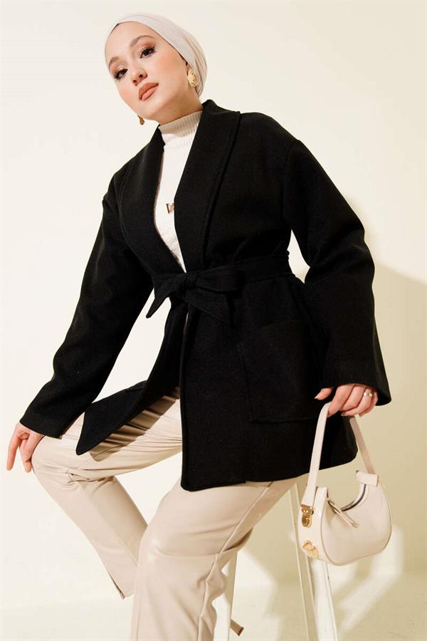 Double-Pocketed Double-Breasted Belted Short Coat Black
