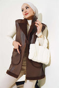  Double Pocket Furry Leather Vest Brown