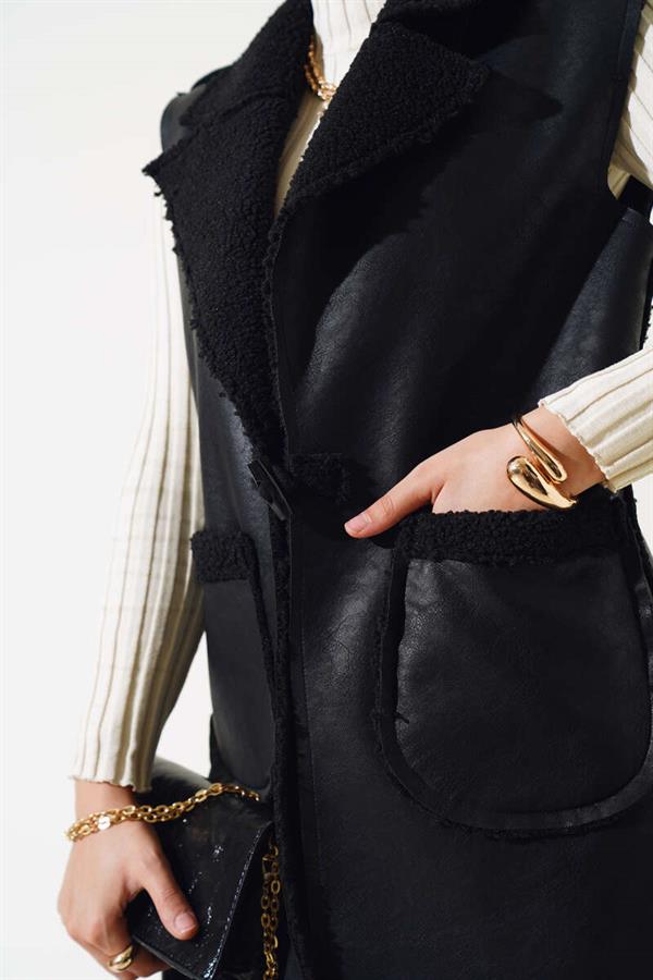 Double Pocket Furry Leather Vest Black
