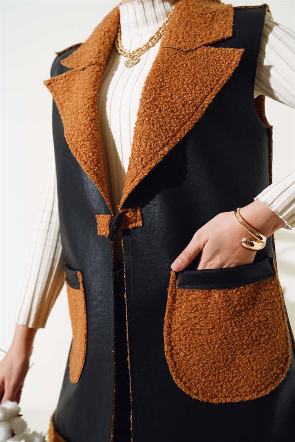 Double Pocket Furry Leather Vest Black Camel