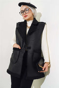 Double Pocket Furry Leather Vest Black