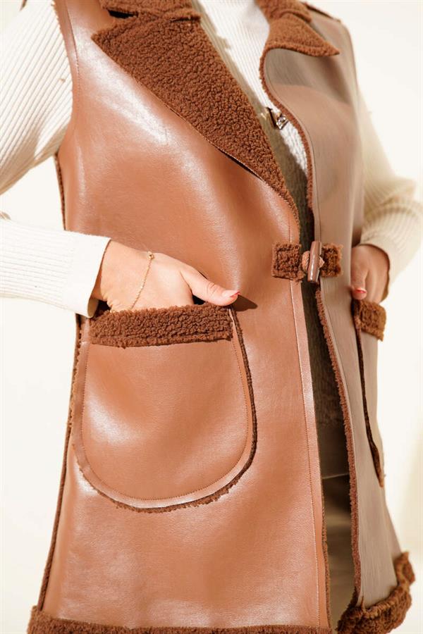 Double Pocket Furry Leather Vest in Tan