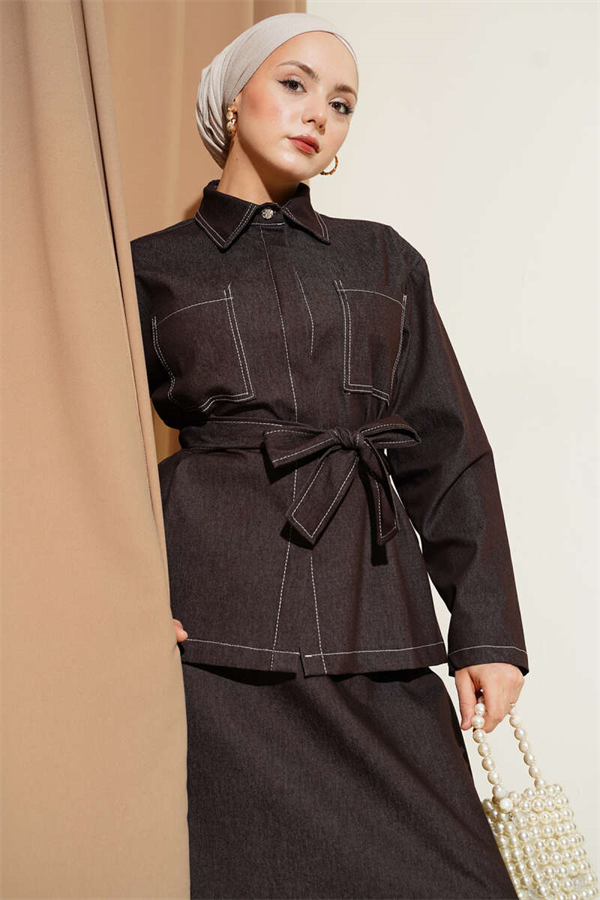 Double-Pocket Belted Denim Skirt 2 Piece Set in Coffee Brown