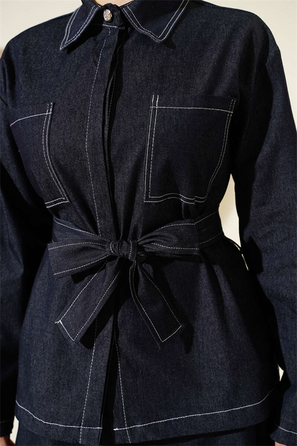 Navy Blue Denim 2 Piece Set with Double Pockets and Belted Skirt