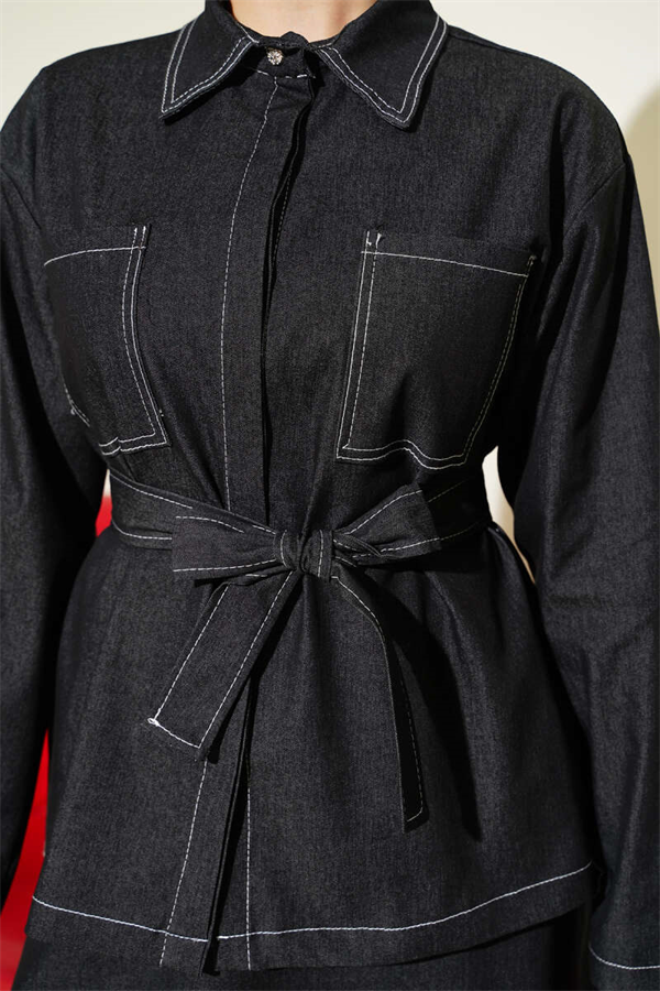 Double Pocket Belted Denim 2 Piece Set, Black