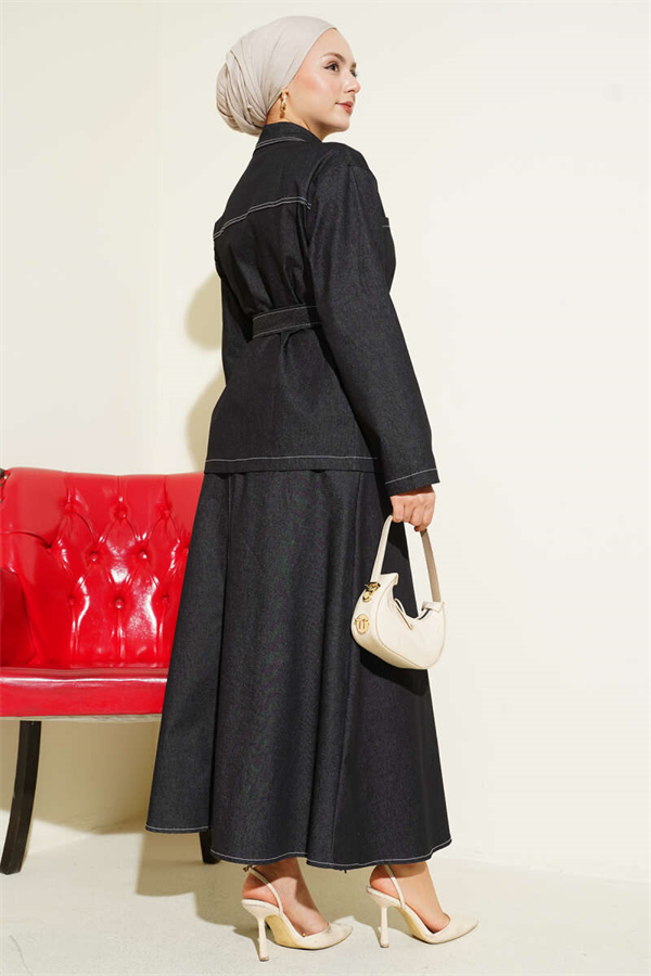 Double Pocket Belted Denim 2 Piece Set, Black