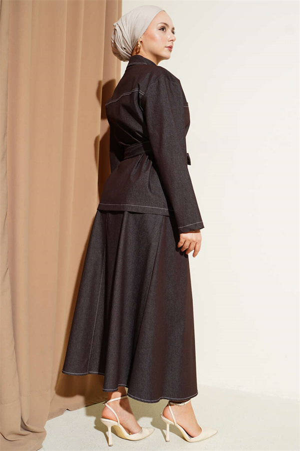 Double-Pocket Belted Denim Skirt 2 Piece Set in Coffee Brown