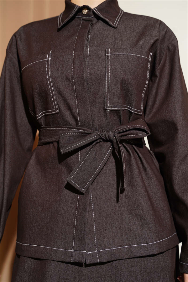 Double-Pocket Belted Denim Skirt 2 Piece Set in Coffee Brown