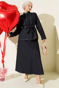 Navy Blue Denim 2 Piece Set with Double Pockets and Belted Skirt