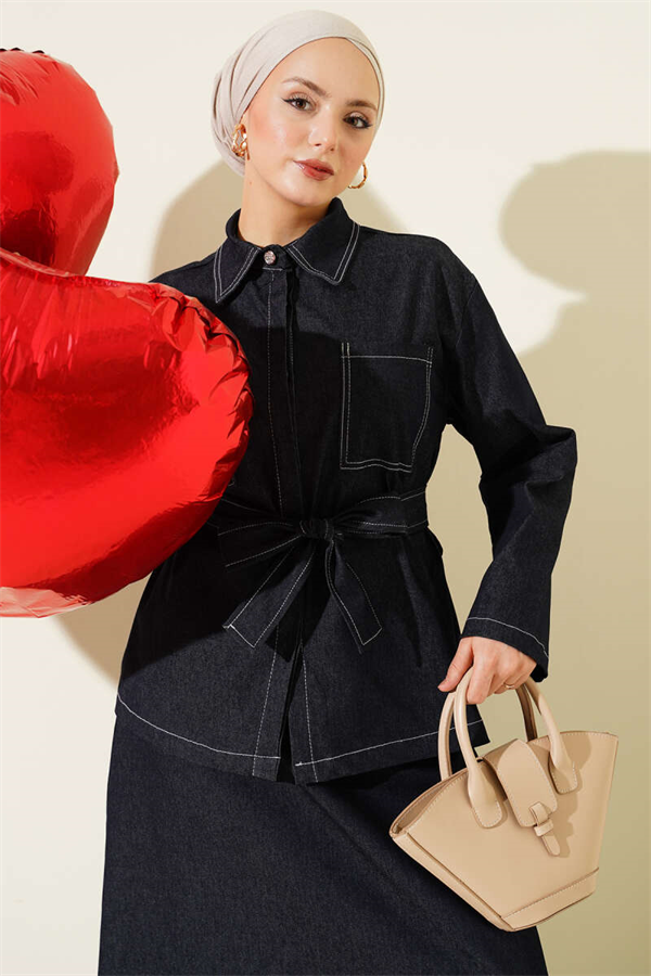 Navy Blue Denim 2 Piece Set with Double Pockets and Belted Skirt