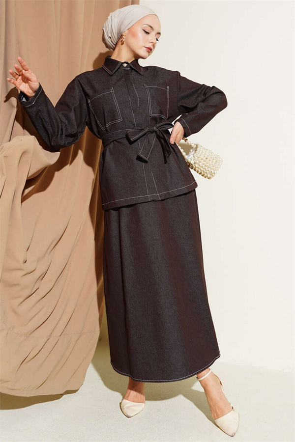 Double-Pocket Belted Denim Skirt 2 Piece Set in Coffee Brown