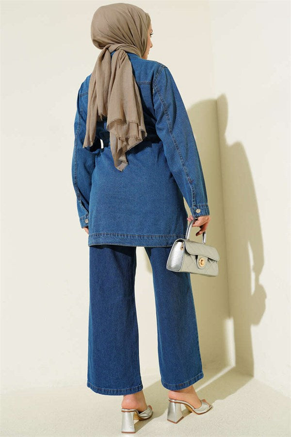 Denim 2 Piece Set with Double Pockets and Belt, Denim Blue