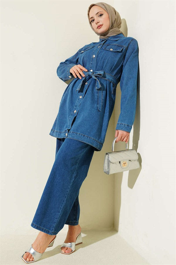 Denim 2 Piece Set with Double Pockets and Belt, Denim Blue