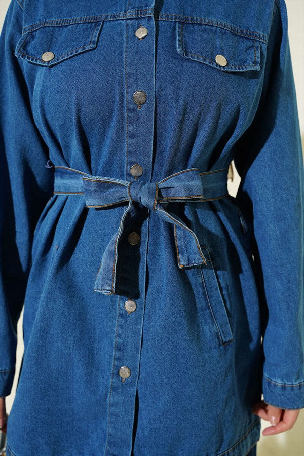 Denim 2 Piece Set with Double Pockets and Belt, Denim Blue